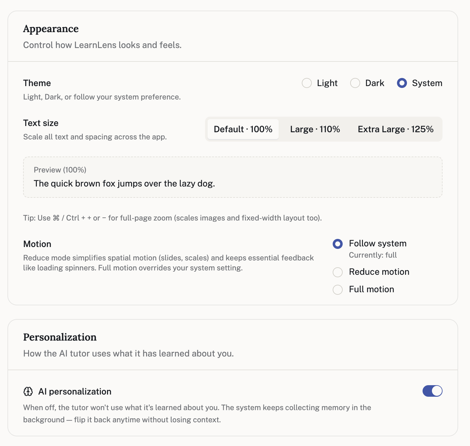 LearnLens appearance and personalisation settings