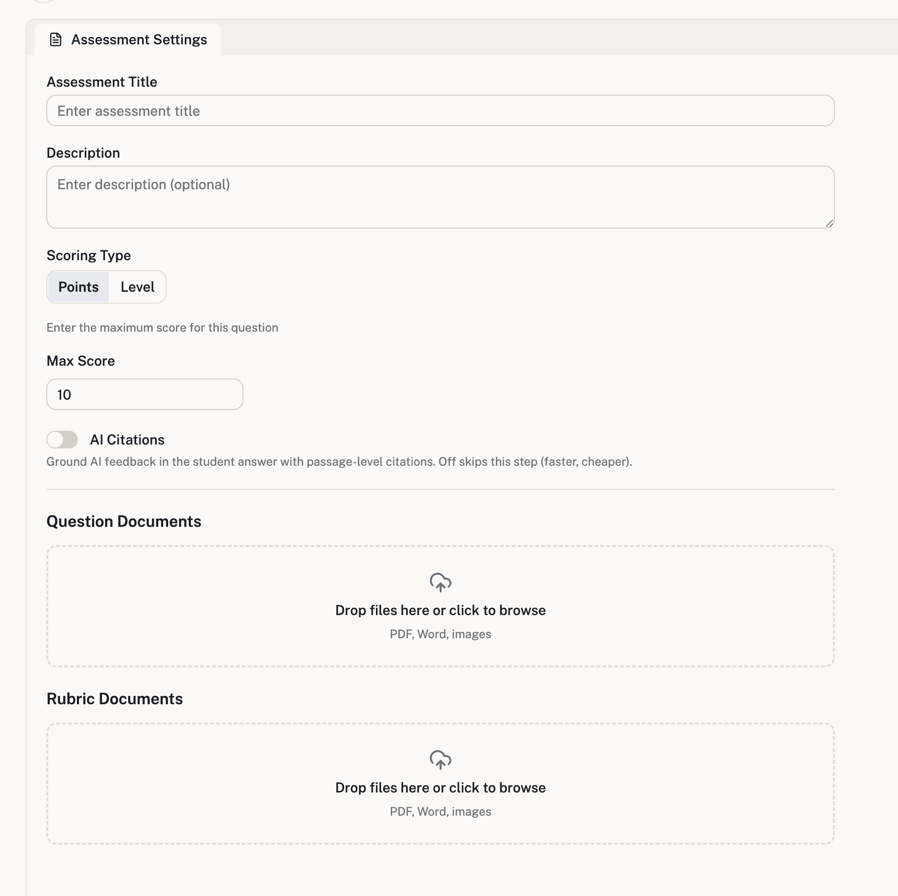 LearnLens assessment settings and document upload screen